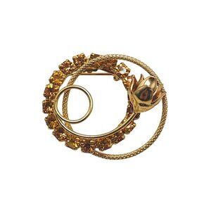Vintage Gold Tone Brooch Pin With Faux Amber Rhinestones Rose Flower Design